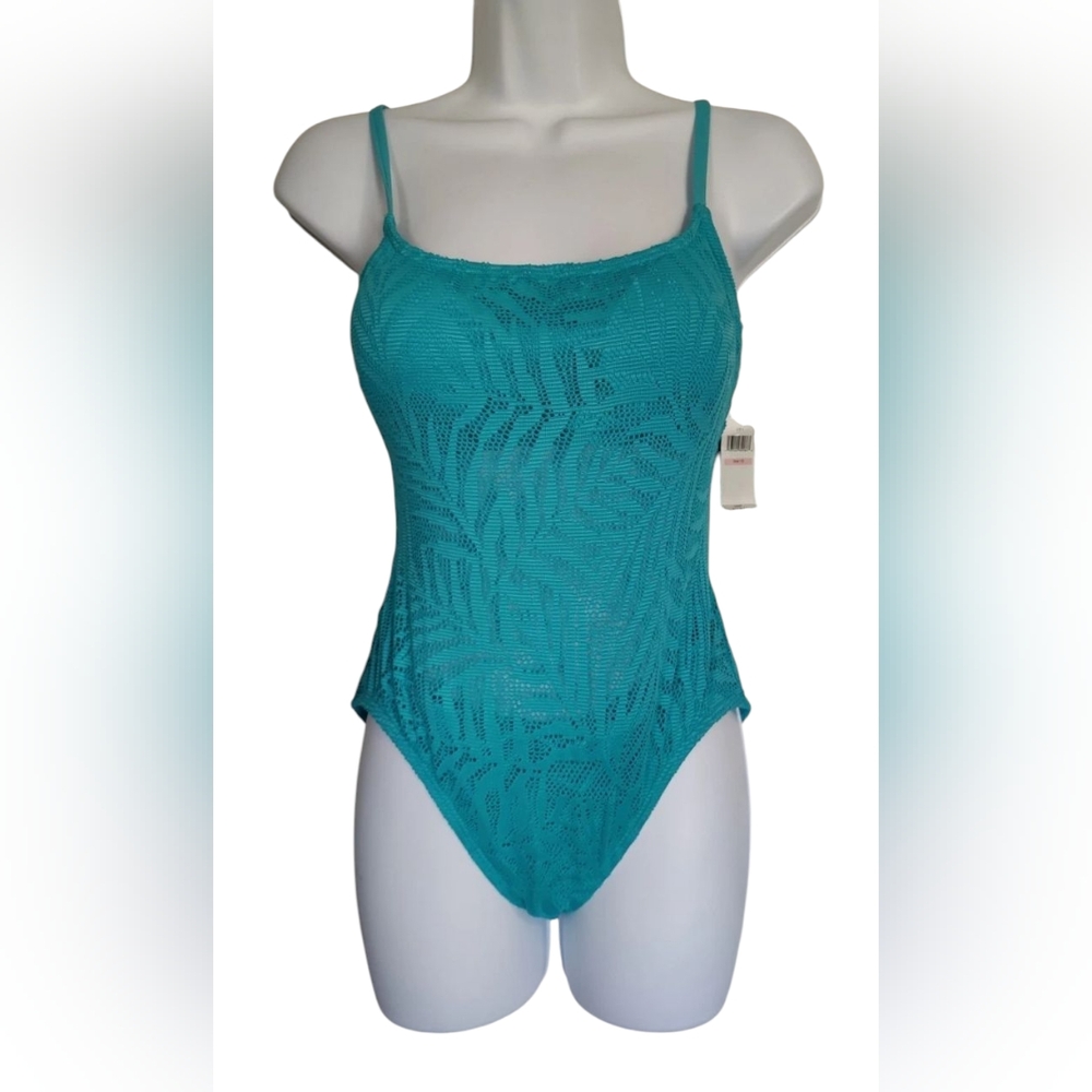 Carmen Marc Valvo Aqua‎ Semi-Sheer One Piece Floral Print Swimsuit 10 NW